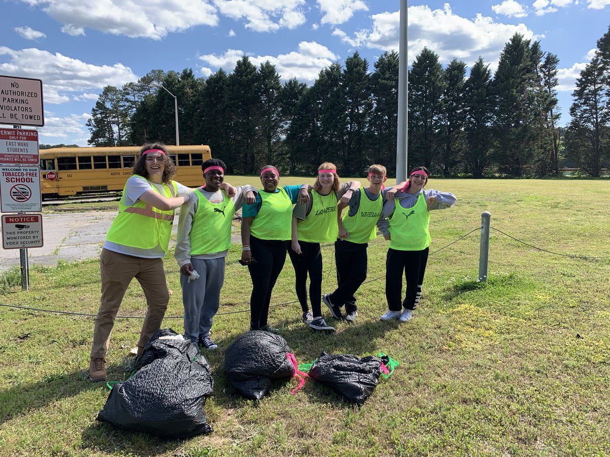 eastwakehs: The East Wake High Green Club participates in the NC DOT Adopt-a-Highway program by #volunteering to keep our campus and Robertson Pond Road clean. Club members pictured from the left: Quinn Brooke,Miles Sanders,Jasmine Bachelor,Jessie Bonham…