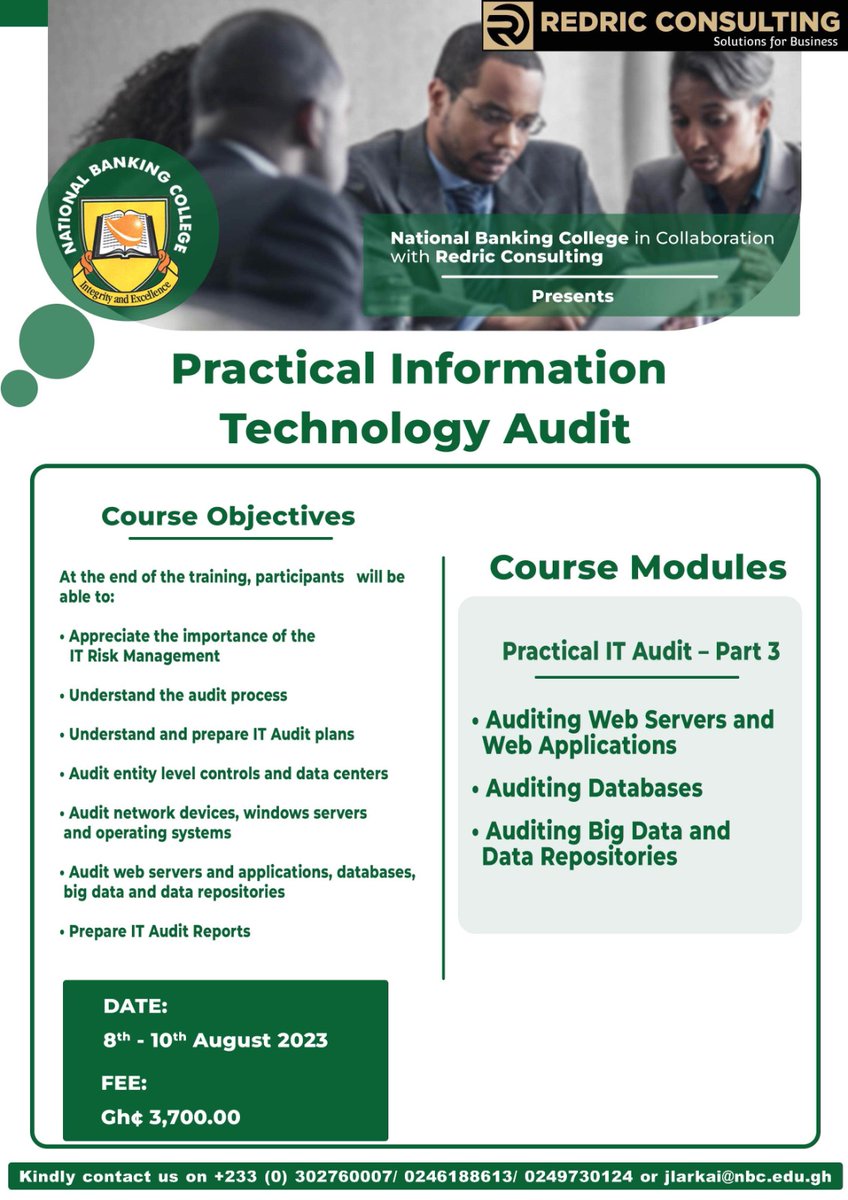 RedricCons's tweet photo. Here's some exciting news for you!!!
.
.
Redric Consulting is teaming up with the National Banking College @nbc_gh to bring you some very interesting courses in the coming months.
.
.
All relevant details pertaining to the courses are stated on the flyers. https://t.co/fmCbs6IJ6b