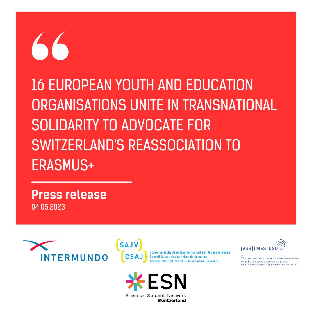 ESN_CH's tweet photo. With @VSSUNESusu, @Intermundo and @SAJV_CSAJ_FSAG, we are delighted to share that over the past few months we have been joined by various European organisations in our call for Switzerland's re-association to Erasmus+. Read our common press release here https://t.co/OjL1kxx4Dv https://t.co/zJAwXoLrDU