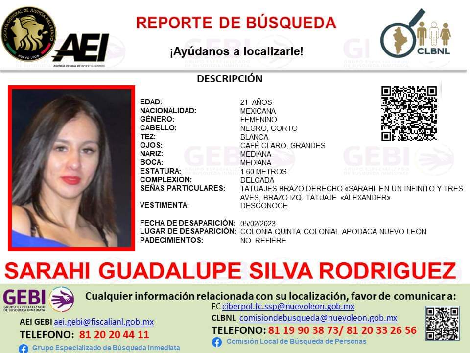 NuevoLeonAlerta's tweet photo. Solicitamos de su colaboración para LOCALIZACIÓN d Sarahí Guadalupe Silva Rodríguez d 21 años

@CarlosSanchezMX @VecinoRegi0 @MtyFollow @Soloenmty_ @nelvaldez @WeraRegia9 @IrashemitaT  @vivianasanchhez @_taxista_regio_ @camion_desde @ZyntiaVanegas @josuegonzaleztv @AsiEsMonterrey https://t.co/iyFsucbi50