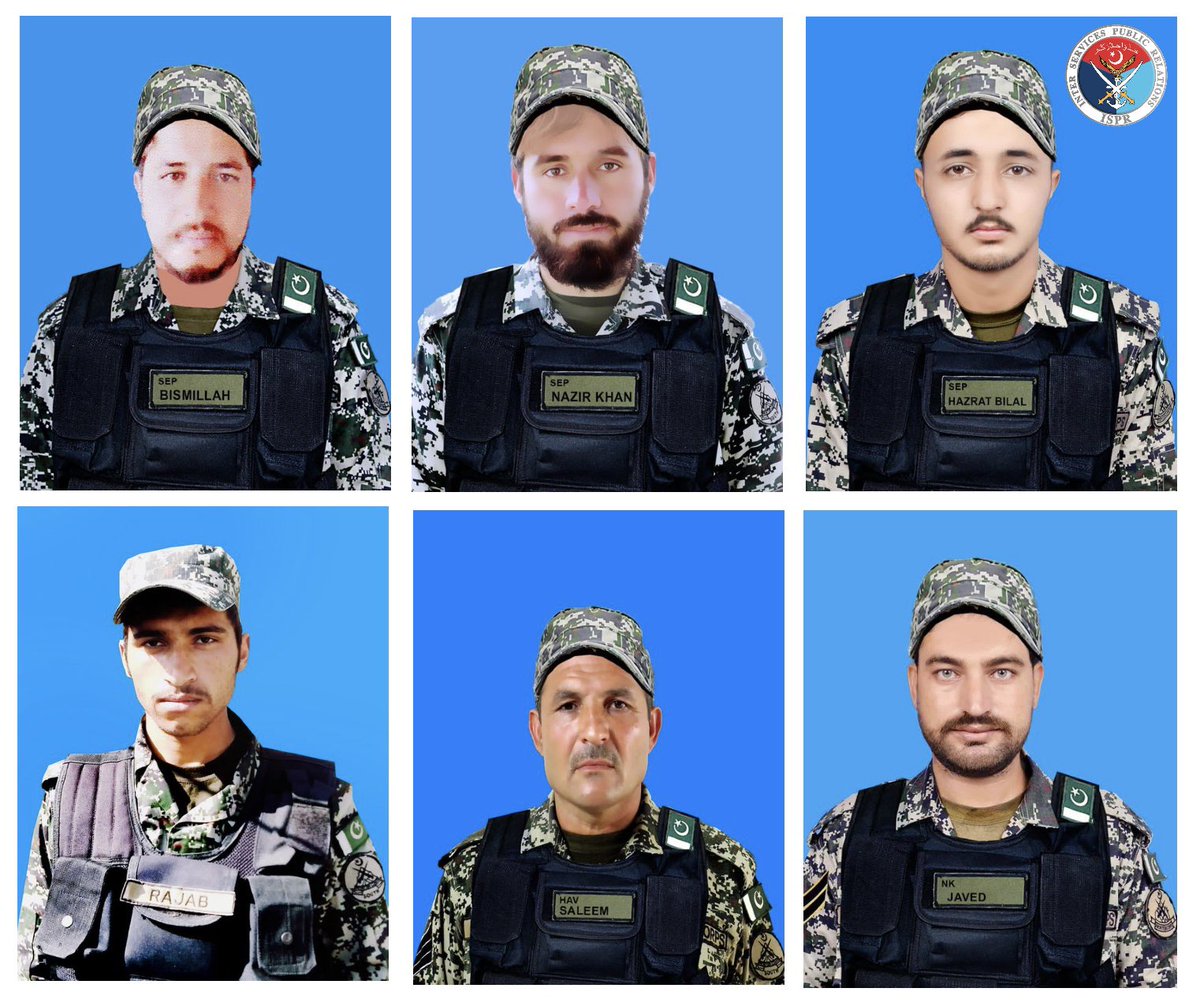 PakistanFauj's tweet photo. #ISPR - @OfficialDGISPR

Funeral prayers of Havaldar Saleem Khan (36, r/o District Tank), Naik Javed Iqbal (37, r/o District Kohat), Sepoy Nazir Khan (26, r/o District Bannu), Sepoy Hazrat Bilal (25, r/o District Mardan), Sepoy Syed Rajab Hussain (22, r/o District Orakzai) and Sepoy Bismillah Jan (22, r/o District Khyber) who all embraced martyrdom on 4th May 2023 during an intense exchange of fire between Security Forces and terrorists in area of Dirduni, District North Waziristan, were  initially offered at Bannu and later at their respective native towns. The Shaheeds were laid to rest with full military honours. A large number of senior military officers,  soldiers including civil officers, public & relatives of Shaheeds attended the funeral prayers. Security Forces of Pakistan are determined to eliminate the menace of terrorism and such sacrifices of our brave soldiers further strengthen our resolve.