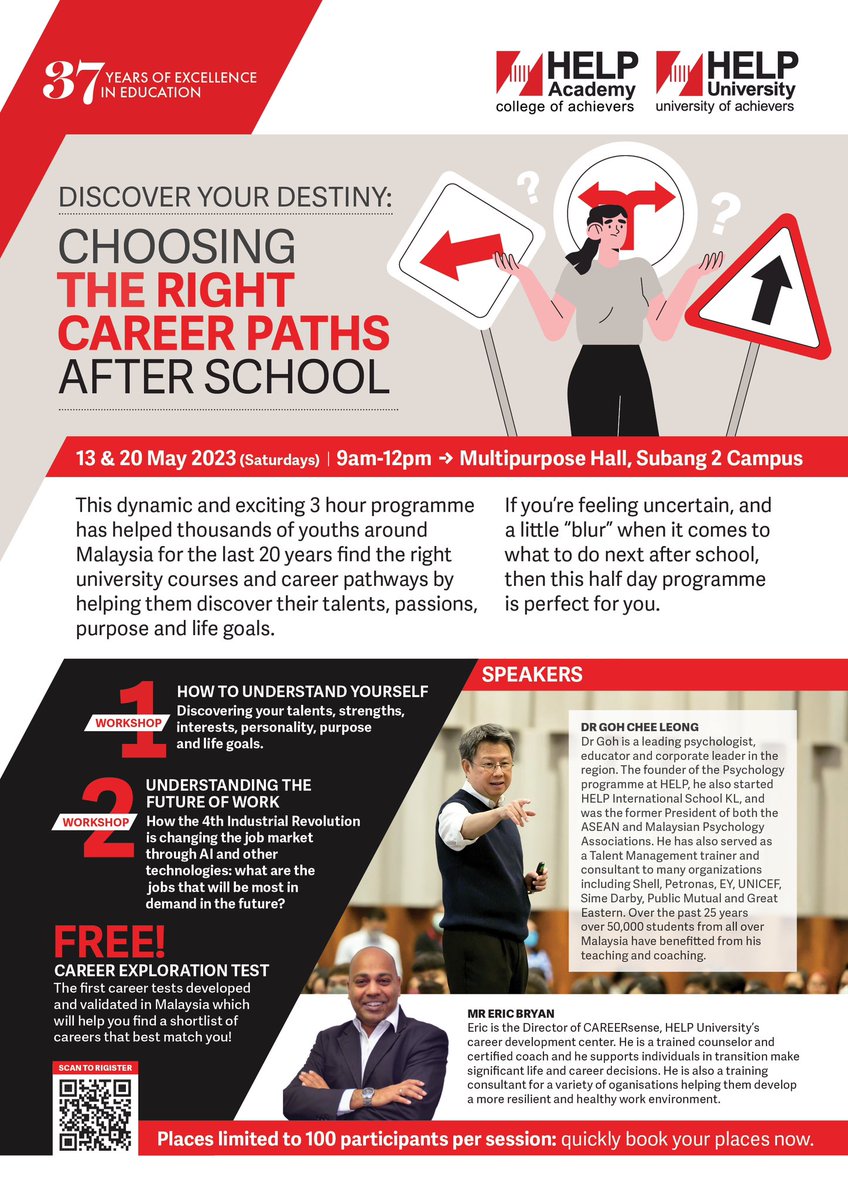 Feeling blur about what to study after high school? 

Come listen to Dr Goh Chee Leong and Eric Bryan to find out what destiny has in store for you, or do you create your own destiny? That's the multi million dollar question. 

 Sign up now bit.ly/44Akd4Q