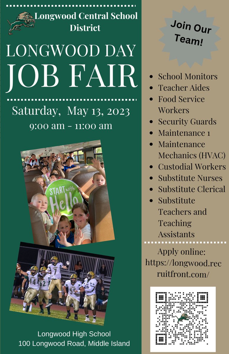 LongwoodCSD's tweet photo. JOIN OUR TEAM! Be sure and stop by the Job Fair at Longwood Day on Saturday, May 13 from 9:00 am - 11:00 am! You can also apply anytime online at https://t.co/BbHVjsPKxu #LCSDPride https://t.co/RczBVwgXCJ