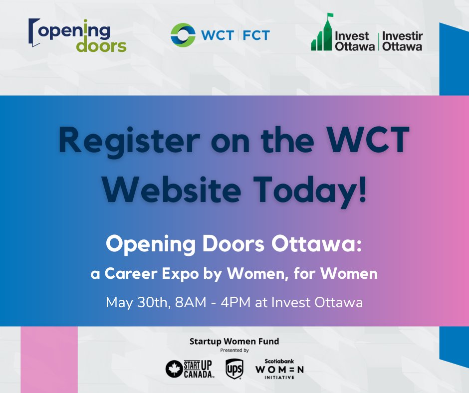 Save the date: Opening Doors Ottawa is less than a month away!     

On May 30th, WCT is hosting an inaugural full-day in-person networking and professional development event in collaboration with <a href="/WCT_NCR/">WCT National Capital</a> and <a href="/Invest_Ottawa/">Invest Ottawa</a>. 

 Register now!: tinyurl.com/3bzjuumf