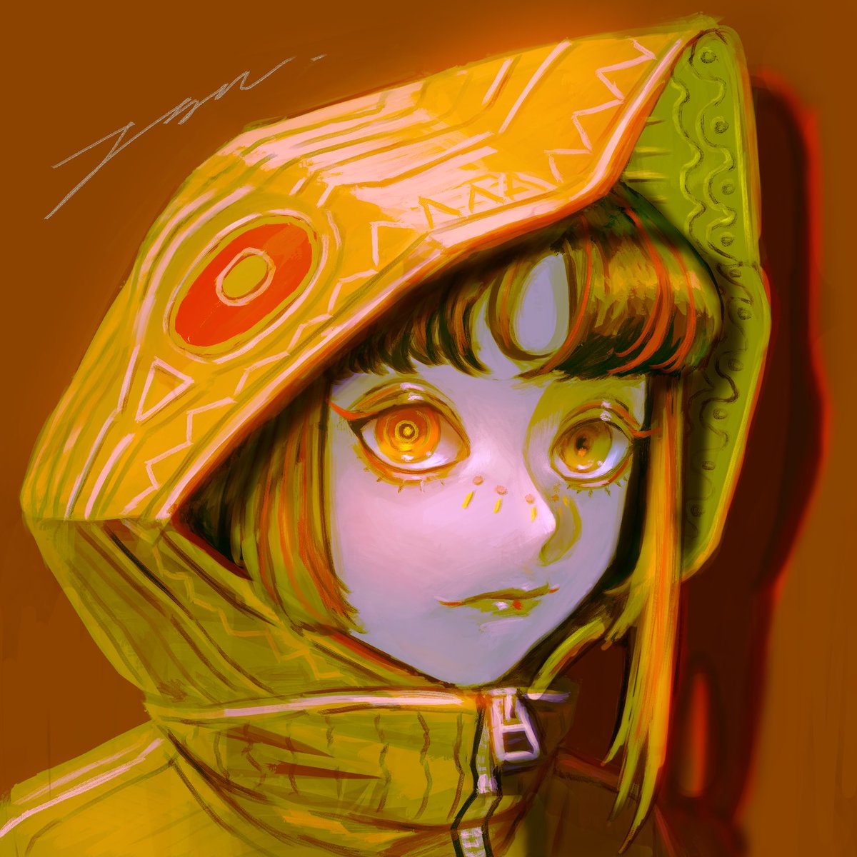 1girl solo hood hood up looking at viewer freckles brown background  illustration images