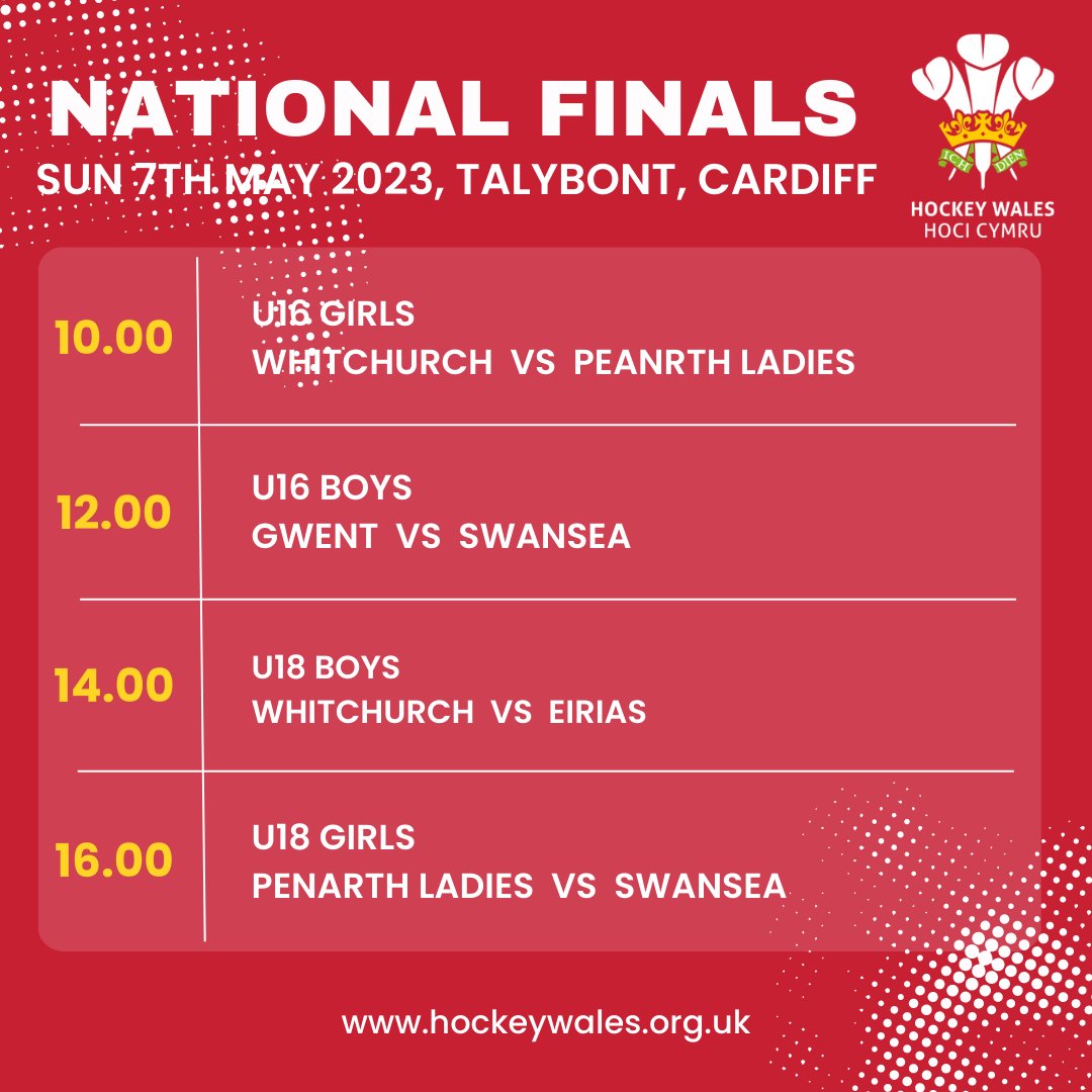 HockeyWales's tweet photo. Another weekend means another National Final 🏑🏆

This time its the turn of our U16 &amp; U18 Boys and Girls.

📆 Sunday 7th May 2023
⏰ 10.00 - 17.30
📍 Cardiff University Sports Village, Talybont, Cardiff

Keep your 👀 peeled for team announcements tomorrow

Good luck to all teams https://t.co/sGYJsG33BA