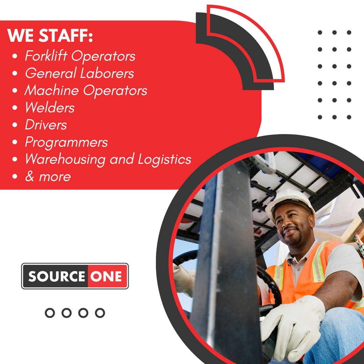SourceOne_Staff's tweet image. At Source One, we’re here to help you build a winning team for a variety of industries! 
Learn how our experts can help you build the team you need to get the job done: nsl.ink/a5l6

#SourceOne #SourceOneStaffing #Staffing #StaffingSolutions