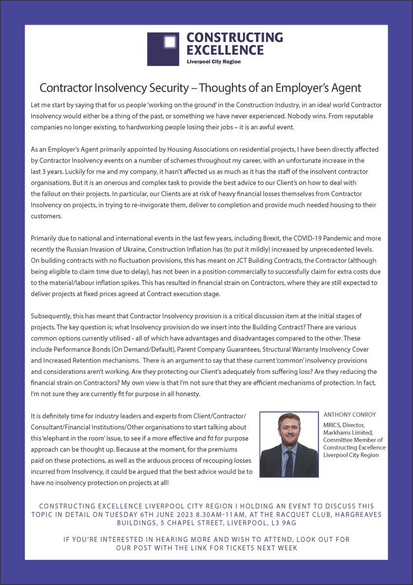 Join CEL for an engaging panel discussion on insolvencies: Security, Bonds & Termination Our expert panelists inc Committee Member Anthony @_markhams explore the challenges presented by contractor insolvencies & provide practical advice & insights to help you navigate this issue