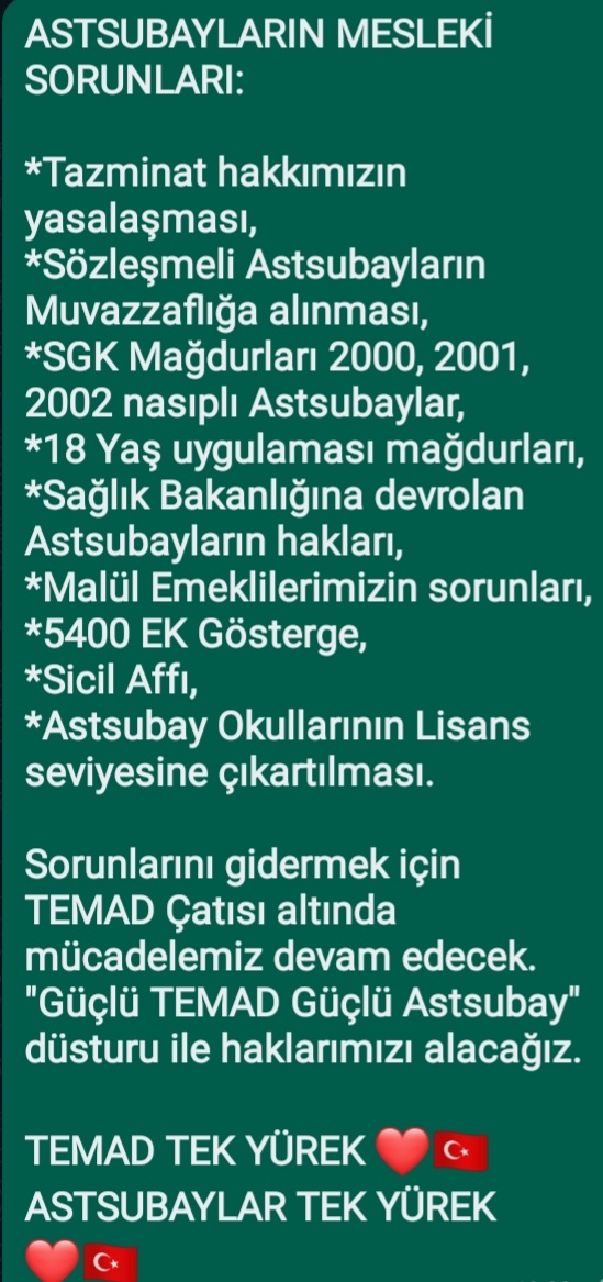 Arif52434616's tweet photo. #GüçlüTemadGüçlüAstsubay 
#StatümüzOnurumuzdur
#OylarTazminata
Statümüz ve Tazminat Hakkımız.
ASTSUBAYLARTEKYÜREK
 ❤🇹🇷
@RTErdogan @kilicdarogluk @vekilince @DrSinanOgan @dbdevletbahceli @tcsavunma @TC_icisleri @meral_aksener @CHPMuratBakan @DursunATAS38 @temadankara @DurgenHamza https://t.co/bUkxto9jL2
