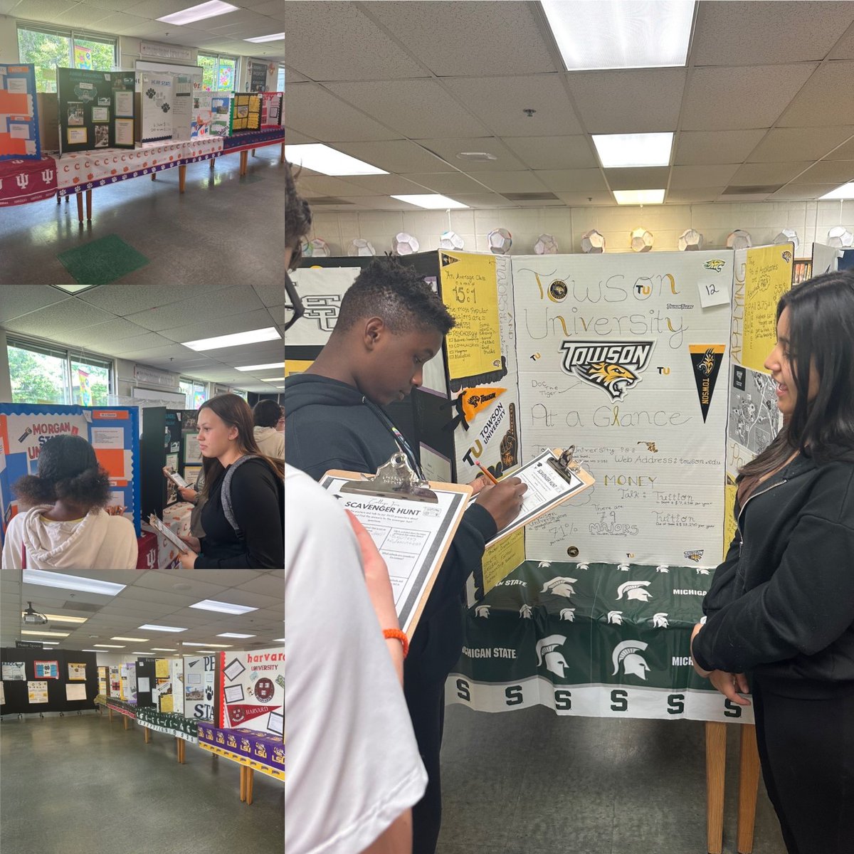 College Fair Day 1: We had students from other grades and parents attend the event. They had a scavenger hunt to complete that encouraged asking our 8th grade college reps questions! #Inquiry #publicspeaking #AVID