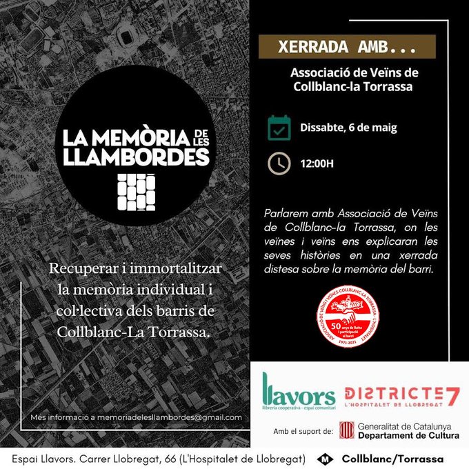Demà rememorarem 50 anys de lluites veïnals de la mà de l'Associació de Veïns i Veïnes de Collblanc-La Torrassa. No us ho perdeu!