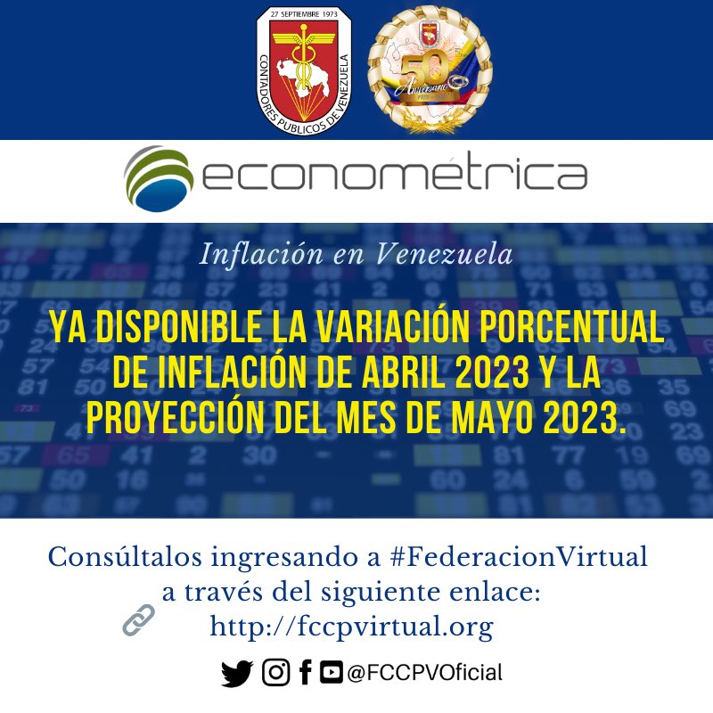 FccpvOficial's tweet photo. 🚨📈 ÍNDICES Y TENDENCIAS: ya está actualizada la variación porcentual de inflación desde Enero 2016 hasta Abril 2023 con proyección Mayo 2023, disponible en #FederacionVirtual gracias al convenio entre FCCPV y Econométrica.
 
Ingresa:
 
🌐 https://t.co/iwe9J5QnVZ https://t.co/TlE5diob64