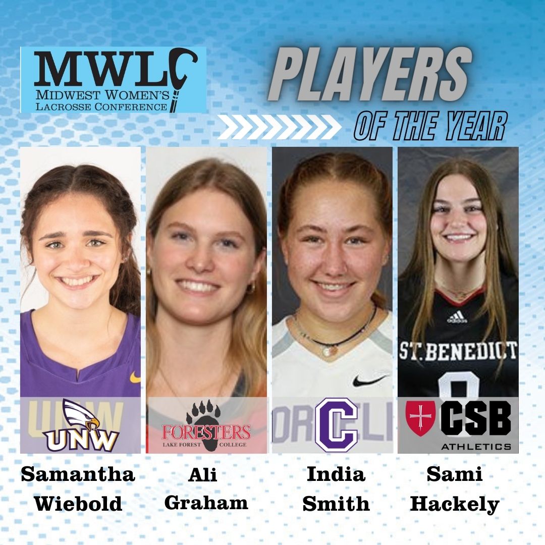 2023 MWLC Season Awards 🧵

Attacker of the Year: Samantha Wiebold, Northwestern
Midfielder of the Year: Ali Graham, Lake Forest
Defensive Player of the Year:  India Smith, Cornell
Rookie of the Year: Sami Hackley, Saint Benedict