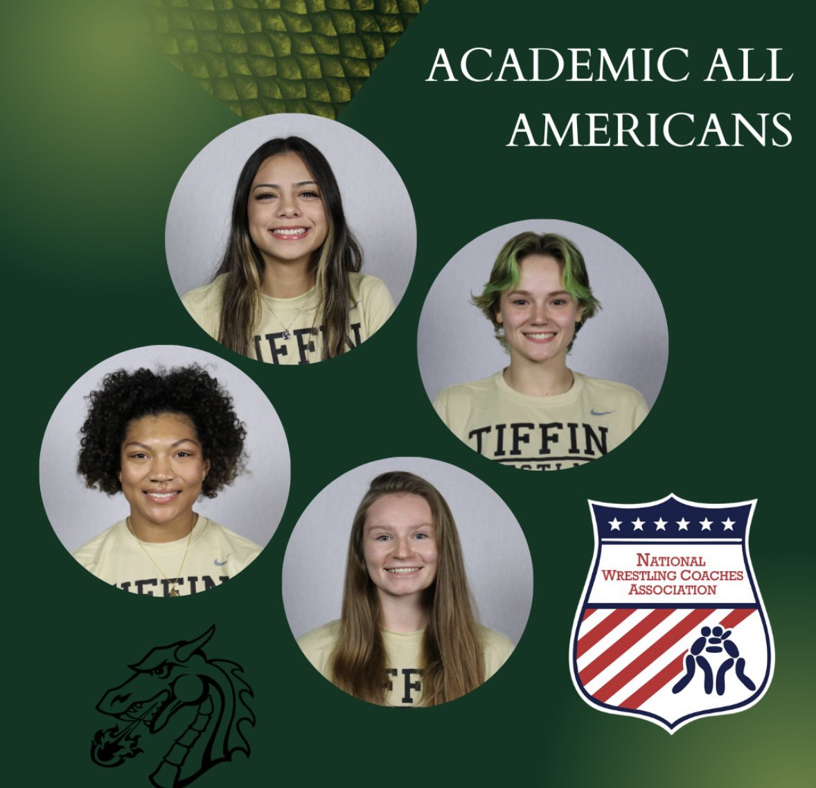 TU_WnsWrestling's tweet photo. Congratulations to our Academic All Americans! Jenavi Alejandro, Michal Buska, Erin Martin and Paige Lenhardt. https://t.co/ZrT0r1b81s