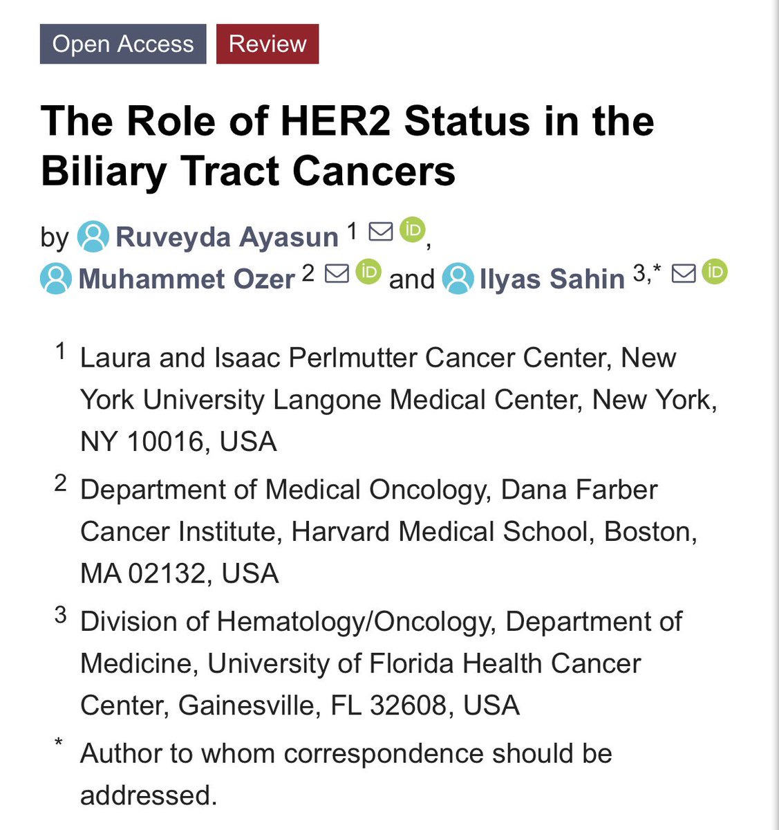 Exciting news! 
Our review article on 'The Role of HER2 Status in Biliary Tract Cancers' has been published in @Cancers_MDPI *. Congratulations to @AyasunMDPhD and @MuhammetOzerMD for their valuable contributions to this important topic. #HER2 #biliarytractcancer 
@UFHealthCancer