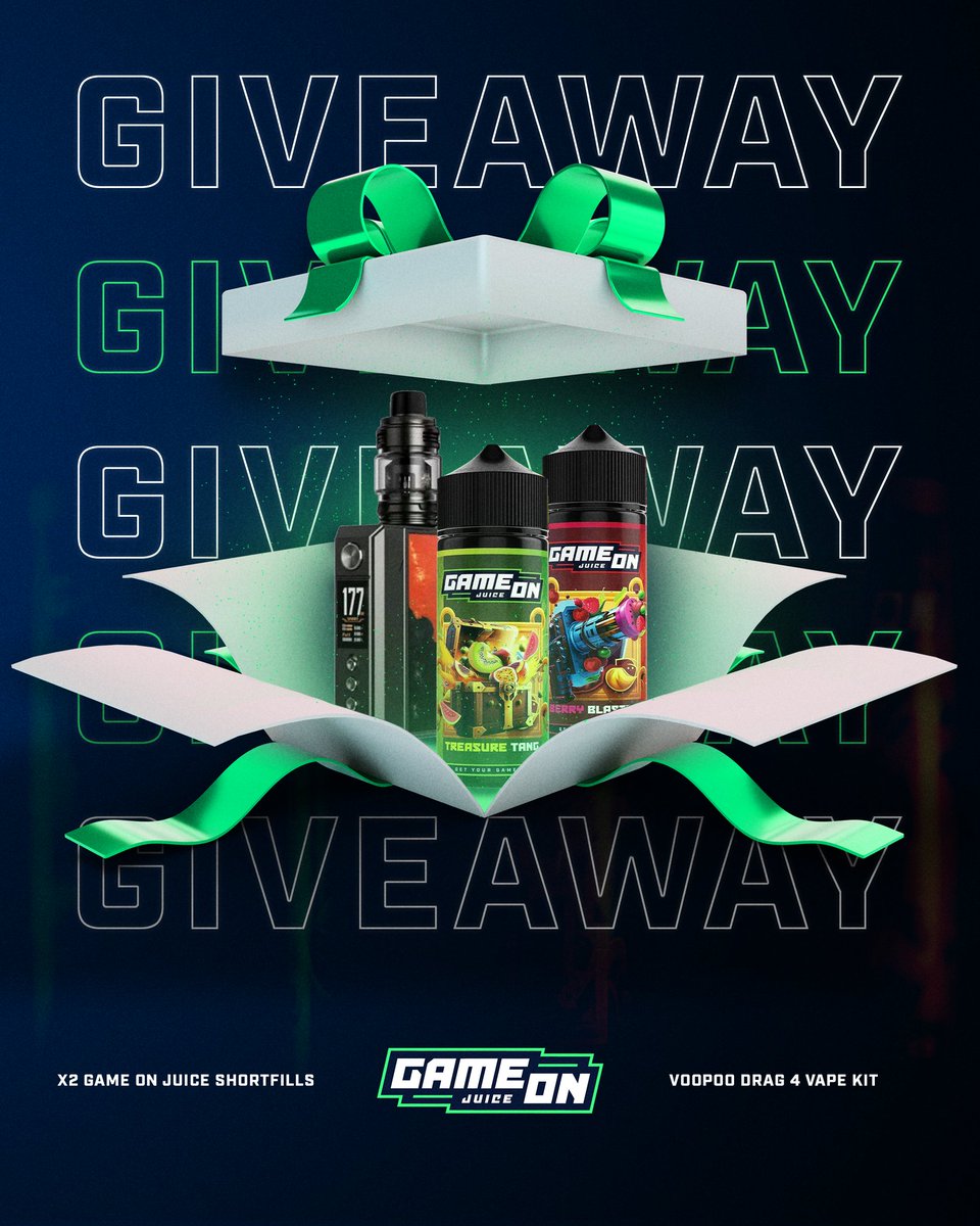 To celebrate 1 month since the release of our latest range, we're running a #𝗚𝗜𝗩𝗘𝗔𝗪𝗔𝗬!🎁

Any 𝗧𝗪𝗢 #GAMEONJUICE flavours paired with the latest 𝗗𝗥𝗔𝗚 𝟰 kit from 𝗩𝗢𝗢𝗣𝗢𝗢 could be yours..

HOW TO ENTER.👇

- 𝗟𝗜𝗞𝗘 &amp; 𝗥𝗧 this post.
- 𝗧𝗔𝗚 𝗫𝟯 𝗙𝗥𝗜𝗘𝗡𝗗𝗦