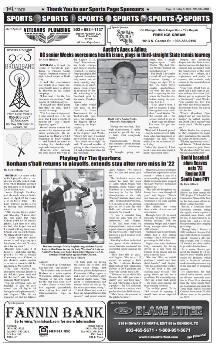 SportsStringer's tweet photo. 5/9 Fannin County Leader sports:
@texashstennis @DoddCityISD @bonhamsoftball @AthleticsBonham @__Sarah__jean__ @reyleighshock2 @TXPrepSoftball @AustinTGCA
@rrvsports @tanner_reaves @BonhamBaseball @BlinnAthletics 
#txhssoftball #txhssb #txhsbaseball https://t.co/TsAwQDP9AD