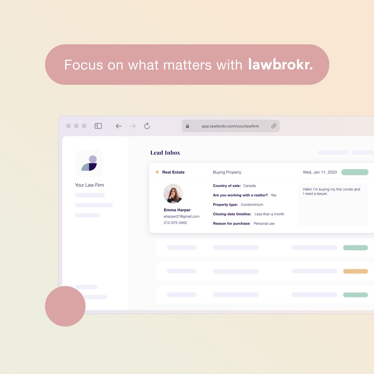 lawbrokr's tweet photo. Efficiency is key when it comes to lead management.

Lawbrokr helps you save time and focus on what matters by pre-screening your leads through custom landing pages and workflows.

Ready to learn more? Book your free pre-screening consult below ⬇

https://t.co/wZ8JvKI2tY https://t.co/TXcgCJyJJg