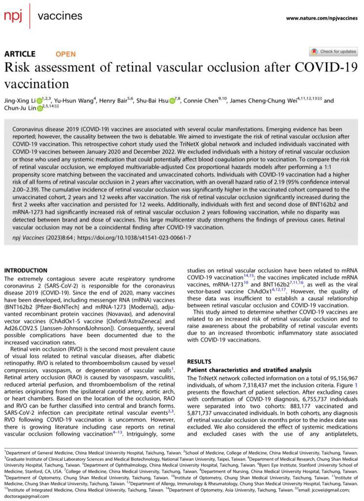 BREAKING: COVID-19 Vaccine Can Cause Blindness

A group of scientists recently conducted a study that investigated a potential link between COVID-19 vaccines and a type of eye condition known as retinal vascular occlusion.

This condition occurs when blood vessels in the eye