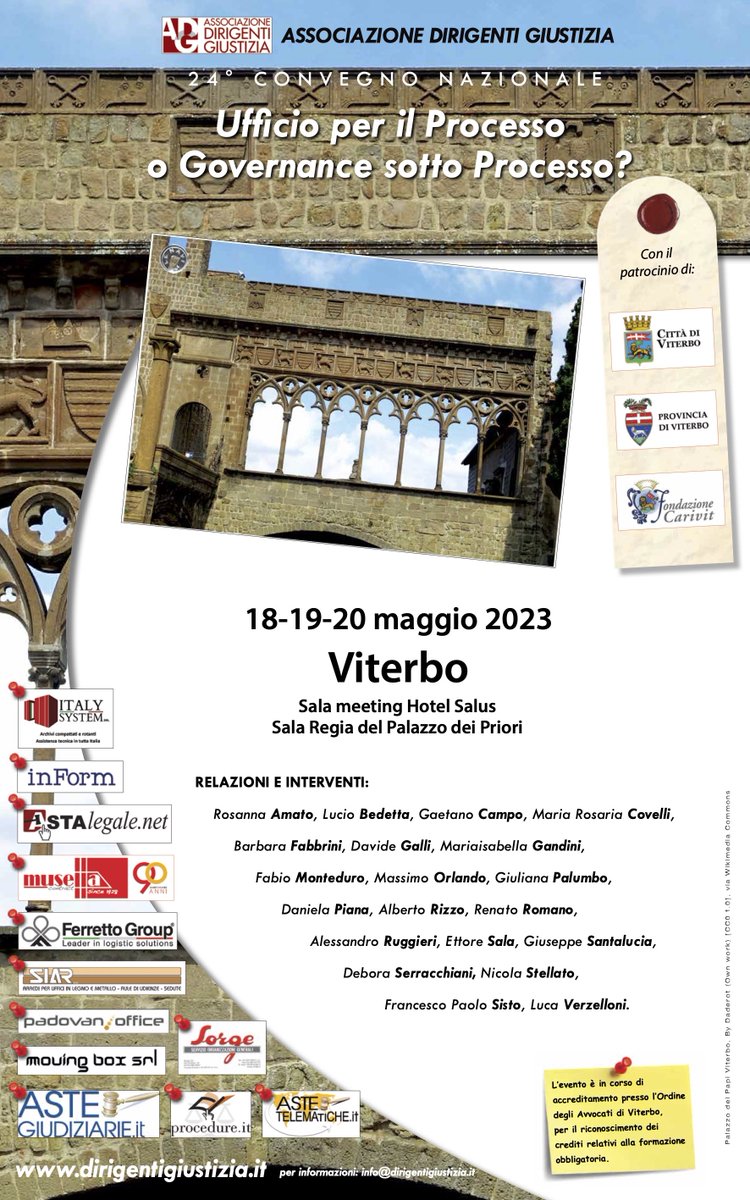 Congresso Nazionale dell’Associazione Dirigenti Giustizia "Ufficio per il processo o Governance sotto Processo?" - Viterbo - 18-20 maggio 2023 <a href="/Dirig_Giustizia/">Associazione Dirigenti Giustizia</a>
