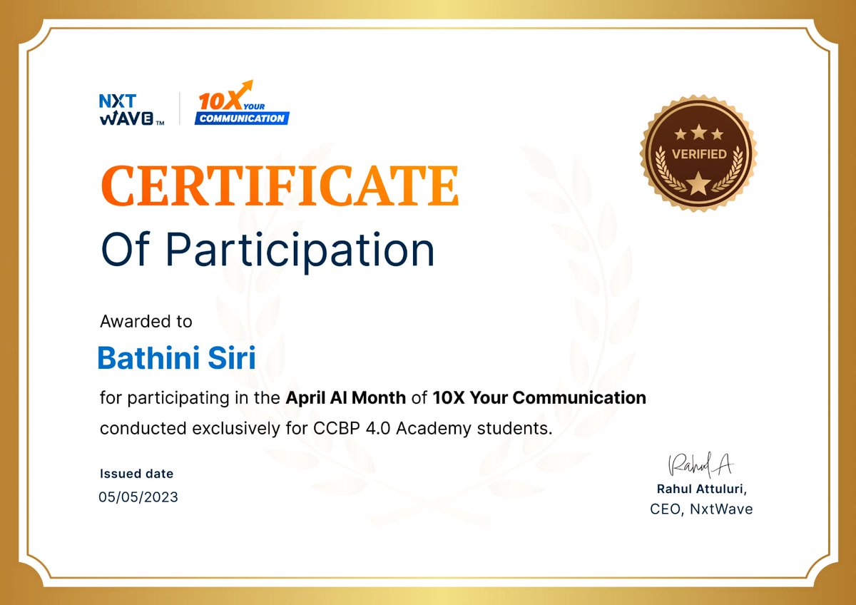 SiriBathini's tweet photo. I got certificate for the  participation of the april AI month of 10x communication

thank you nxtwave for this opportunity to improve skills

#nxtwave #nxtwaveccbp #nxtwaverahulattuluri #10xcommunication #aprilcodechallenge #april2023 #certification #girishakashsir https://t.co/PJzUR1JvMp