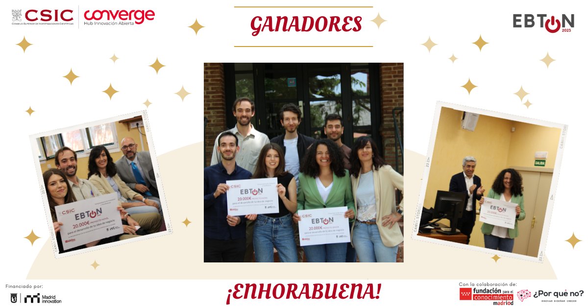 #EBTon2023 #MadridEdition #PitchCompetition
Enhorabuena!!
👉🏾 #SeQure - Distribución cuántica de claves para transmisión de información
👉🏼 #Cut - Tecnología de ultrasonidos para baterías
Ambos proyectos son del <a href="/ITEFI_CSIC/">ITEFI</a> y recibirán 💶 20000€💶 para su idea de negocio (1/4)