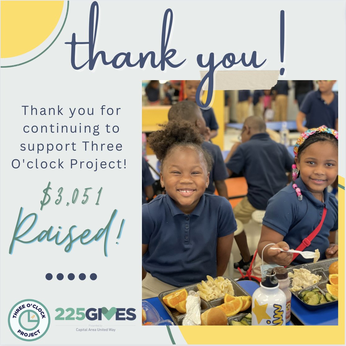 With your support, we were able to raise $3,051 in donations through 225Gives. We are forever grateful to our supporters for the generous @225gives contributions and we look forward to providing nutritious summer meal programs for children in need! 
#ChildNutrition #225Gives