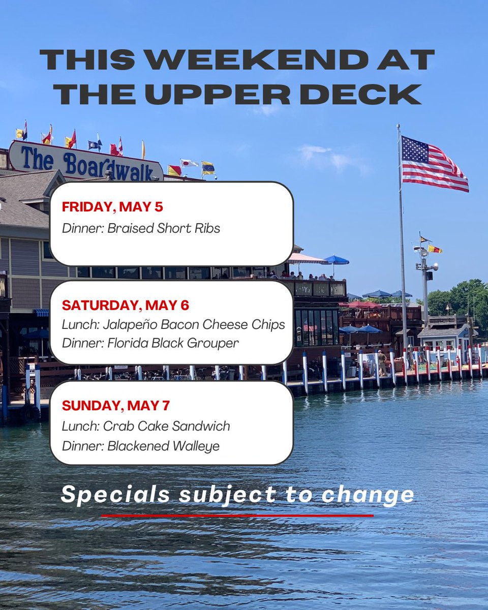 Boardwalkpib's tweet photo. Welcome Back to The Upper Deck! We are so excited to start the season off today at 4:00! Here our our specials this weekend! #pib #putinbay #lakeerie #opening https://t.co/hPzs7vFp1l