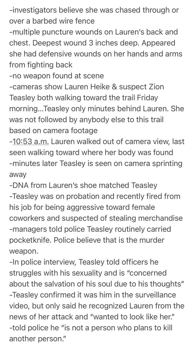 NEW: Timeline and probable cause police had to arrest Zion Teasley for Lauren Heike’s murder. He has a $1,000,000 cash only bond. He was recently fired from his job for aggression toward female employees. Lauren was stabbed 15 times.

Read major details here ⬇️