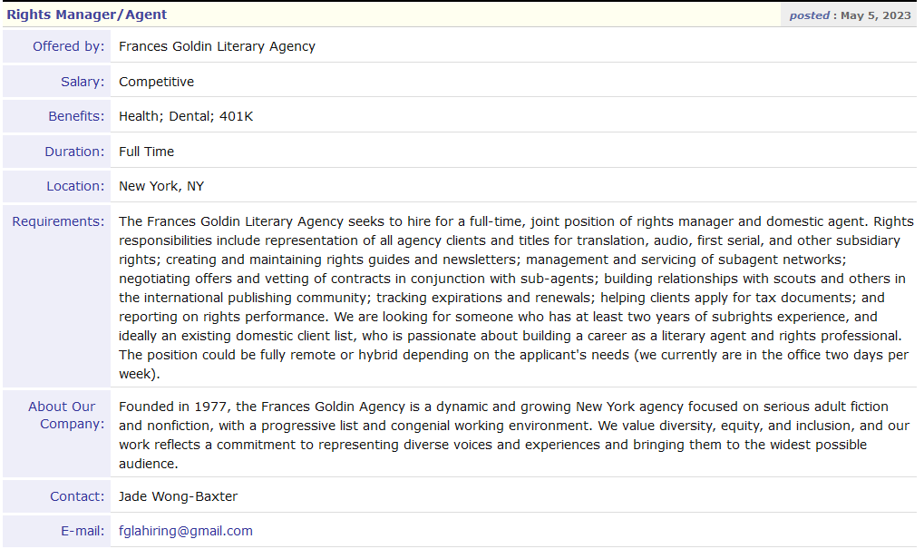 FGLA is hiring for a new Rights Manager/Agent! Come join our wonderful team. Application instructions below! publishersmarketplace.com/jobs/view.cgi?…