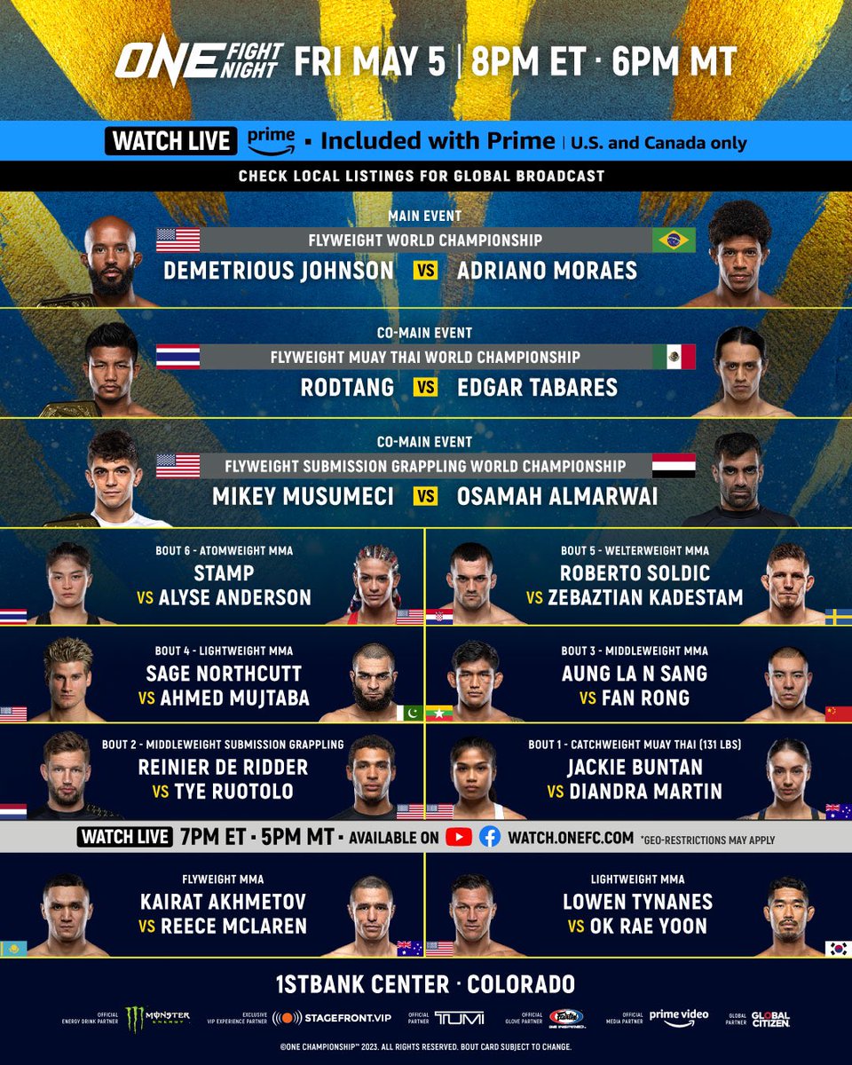Your final ONE Fight Night 10 on Prime Video bout card, featuring a STACKED lineup headlined by three World Title showdowns 🤩 It all goes down in JUST A FEW HOURS 🙌 

#ONEFightNight10 | LIVE TONIGHT at 8PM ET/5PM PT
🇺🇸🇨🇦 WATCH LIVE on Prime 👉 amazon.com/ofn10
🌍 Live TV