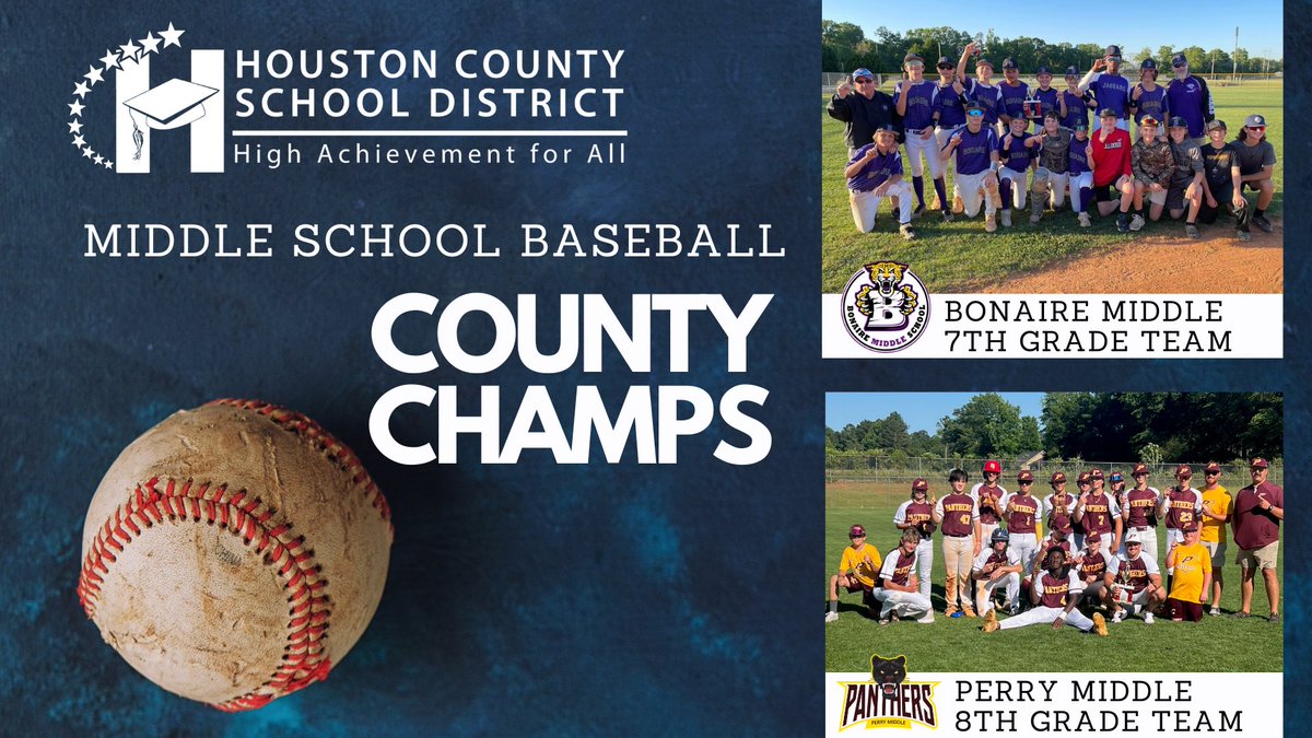 Congratulations to the Bonaire Middle School 7th grade and the Perry Middle School 8th grade baseball teams for winning the County Championships this week!

#herewegrowhouston
#herewegrowathletes