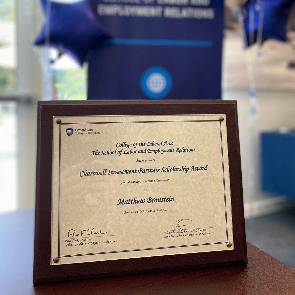 PennStateLER's tweet photo. Please join us in celebrating Matthew Bronstein who has been awarded the #PennStateLER Chartwell Investment Partners Scholarship Award! ๐๐
#HRER #PennState #SHRM #WeAre
@penn_state @PSULiberalArts @PSULAJobs @SHRM https://t.co/ybx0Od5263