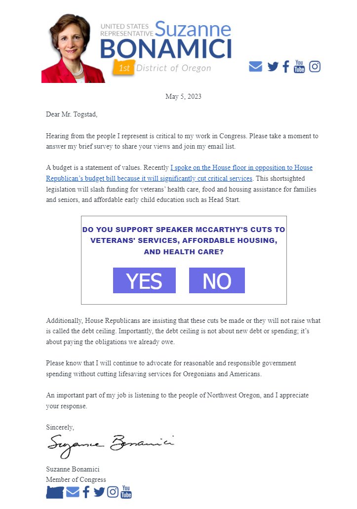 Wow @RepBonamici going straight to lying in an email to your constituents about @SpeakerMcCarthy 

When you word it like that, mislead and lie to people you should RESIGN! You DO NOT represent men traitor!

#DemocratsAreDestroyingAmerica #DemocratsAreLiars