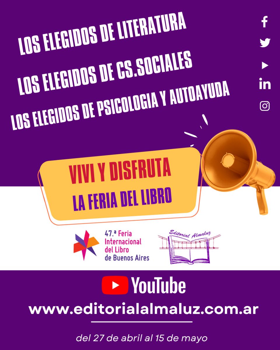 ¡Segui toda la cobertura de la 47 #FeriaInternacionaldelLibro por nuestro canal de Youtube 👉📲 youtube.com/@editorialalma… !