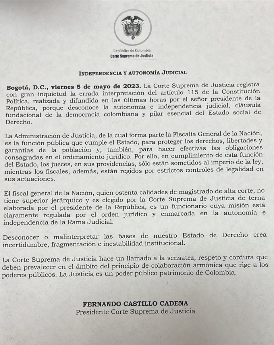 lcvelez's tweet photo. #LoUltimo - @CorteSupremaJ responde al Presidente Petro y dice “Desconocer o malinterpretar las bases de nuestro Estado de Derecho crea incertidumbre, fragmentación e inestabilidad institucional”. Muy grave https://t.co/1bHek3NhG8