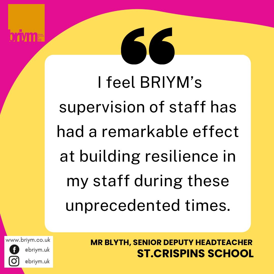 Great feedback from Mr Blyth at St. Crispin's 
School about the supervision for staff that BRIYM provides. Please get in contact if we can support you or your school.
#staffsupervision #schoolsmentalhealth #resilience #buildingresilience #mentalhealthmatters 
#mentalhealthsupport
