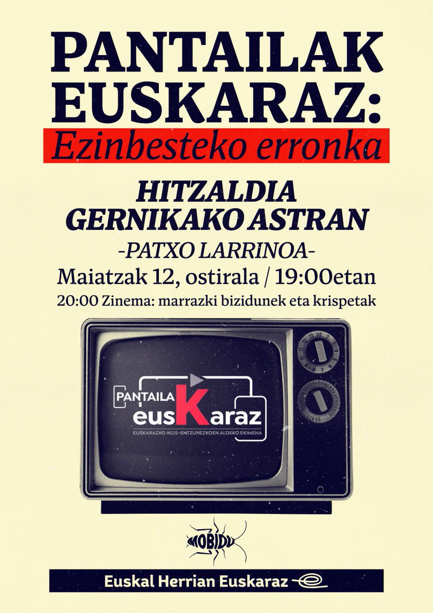 Astebete barru <a href="/AstraGernika/">Astra</a> n <a href="/PantailakEusk/">Pantailak Euskaraz</a> arazen hitzaldia antolatu dugu <a href="/mobidu3/">mobidu_euskeraz</a> gazte euskaltzale taldearekin batera.

Patxi Larrinoa izango da bertan hurrengo urteetan #EzinbestekoErronka izango dugun gai hontaz hizketan.

Ondoren zinema eta krispetez gozatzeko aukera😉