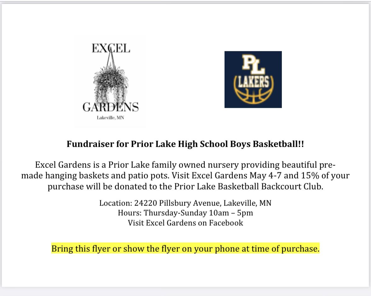 JMiller_41's tweet photo. 🏀Fundraiser‼️ Head over to Excel Gardens this weekend!  A portion of sales go toward @PriorLakeHoops1 - see flyer for details. https://t.co/yokspoekk6
