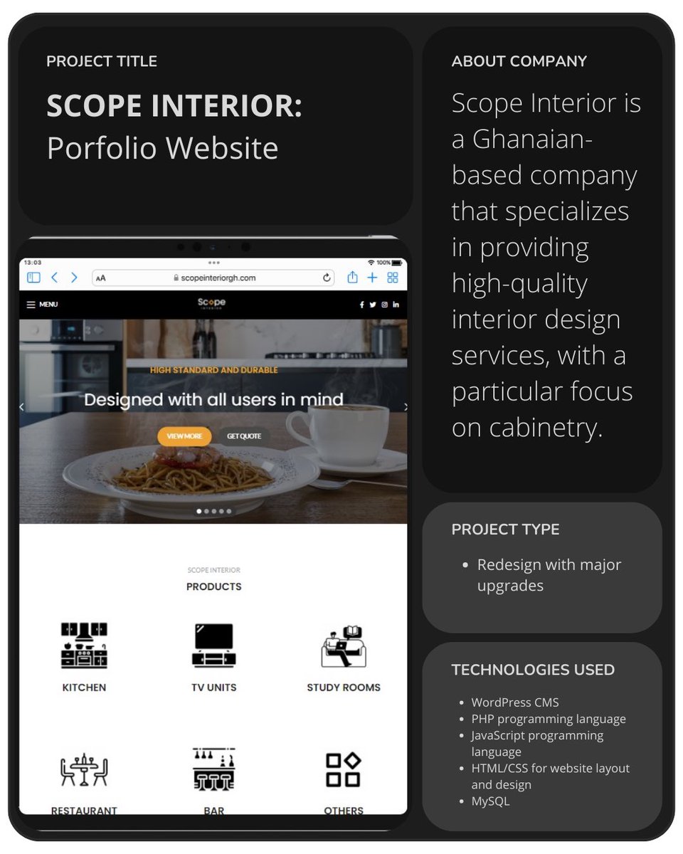 faciotechgh's tweet photo. Project update: Portfolio website for Scope Interior Ghana. Scope Interior is a Ghanaian-based company that specializes in providing high-quality interior design services, with a particular focus on cabinetry. https://t.co/tPPnZsc8kP
