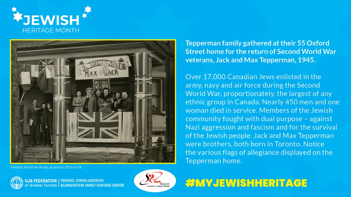 Over 17,000 Canadian Jews enlisted in the army, navy, and air force during WWII, proportionately, the largest of any ethnic group in Canada.

Members of the Jewish community fought against Nazi aggression and facism and for the survival of the Jewish people. #MyJewishHeritage