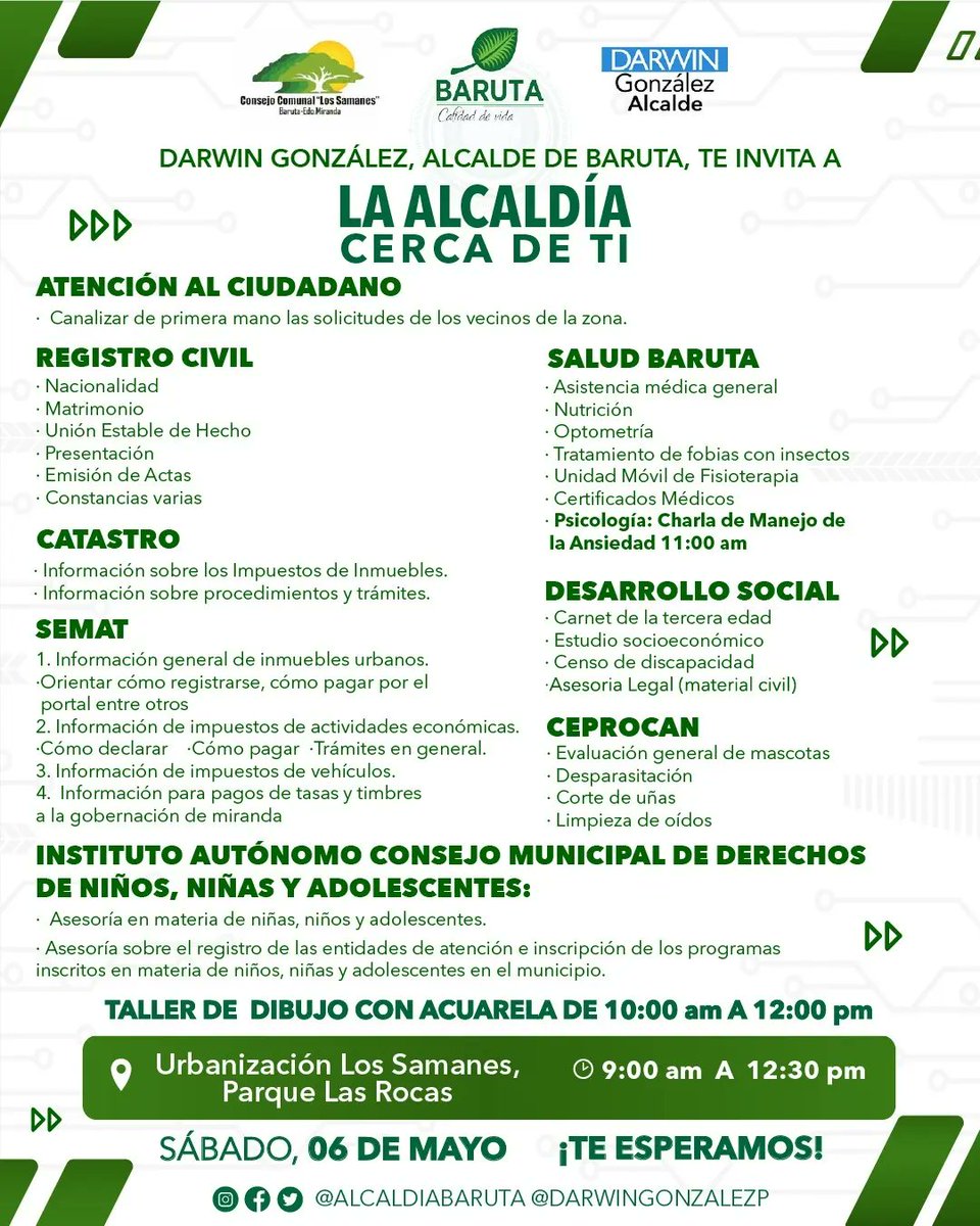 nnabaruta's tweet photo. ¡La Alcaldía cerca de ti!  Desde el IACMDNNA te invitamos a la jornada de Atención al Ciudadano donde, junto a los demás servicios, brindaremos asesoramiento en materia de Niños, Niñas y Adolescentes.

¡Te esperamos en Los Samanes! https://t.co/Aeeyz6ZmzR