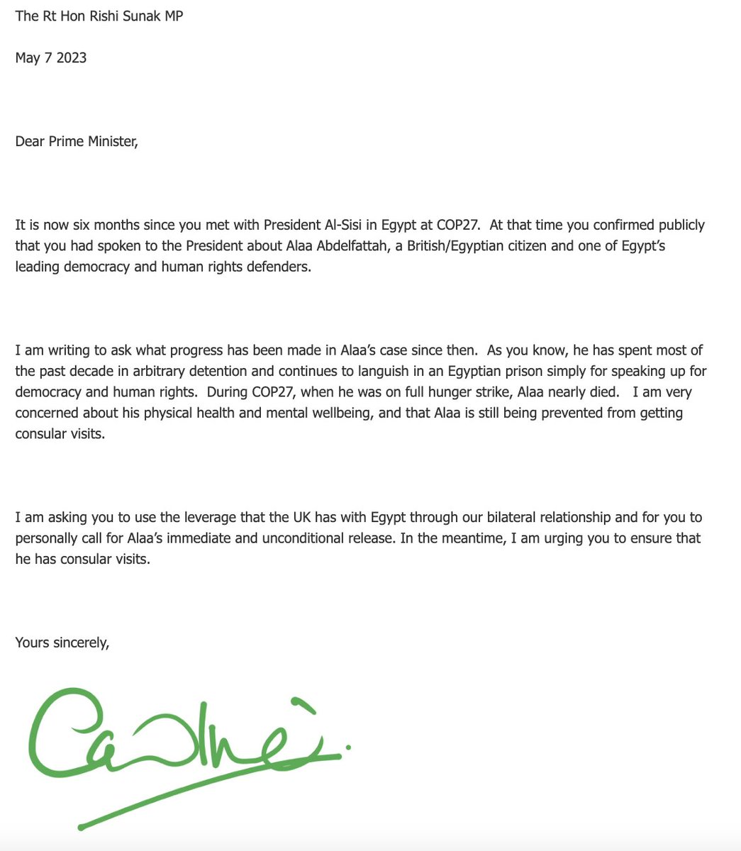 It's now been *6 months* since Sunak met Egyptian President <a href="/AlsisiOfficial/">Abdelfattah Elsisi</a> at #COP27. Yet British citizen, writer &amp; democracy activist Alaa Abd el-Fattah remains behind bars in Egypt. PM must step up to secure his release.

My letter 👇 

#FreeAlaa <a href="/Monasosh/">Mona Seif</a> <a href="/sana2/">Sana2</a> <a href="/AIUKCCNAT/">AIUK North Africa Team</a>