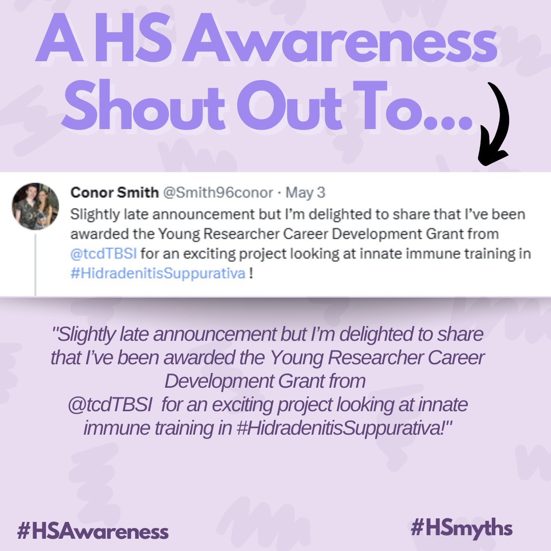 A HS awareness shout-out to @Smith96conor Congratulations on being awarded the Young Researcher Career Development Grant from @tcdTBSI for your #HidradenitisSuppurativa project 👏 #hsawareness #hidradenitissuppurativa #BeAGP #MedTwitter #DermTwitter #health