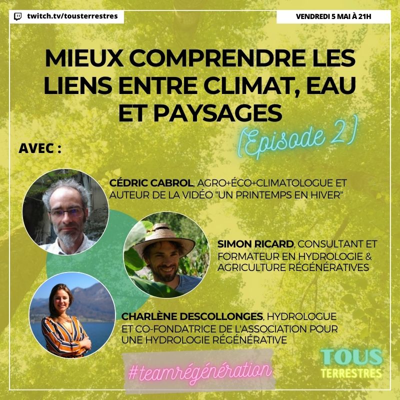 Envie de mieux comprendre les liens entre #climat, #eau et #paysages ? L'enquête continue !

Rejoignez-nous pour le 2ème épisode de cette mini-série avec l'agro-éco-climatologue Cédric CABROL ce vendredi soir à partir de 21h -> twitch.tv/tousterrestres

<a href="/PHRegenerative/">Pour une hydrologie régénérative</a>