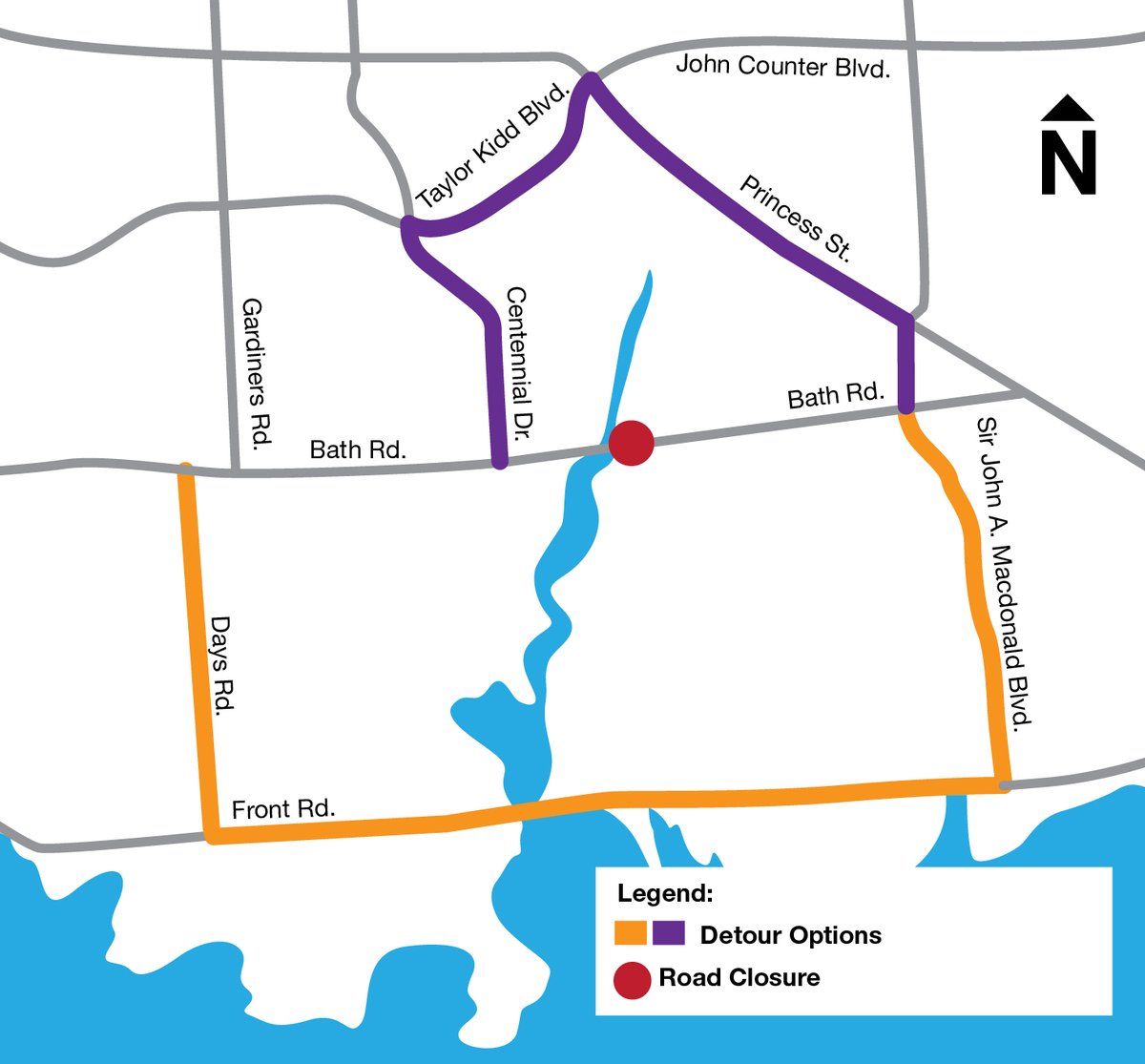 cityofkingston's tweet image. The closure of Bath Road, between Armstrong Road Queen Mary Road, due to a train derailment, is expected to last through the evening commute. We ask drivers to avoid the area and instead detour along either Centennial Road or Sir John A. Macdonald Boulevard.