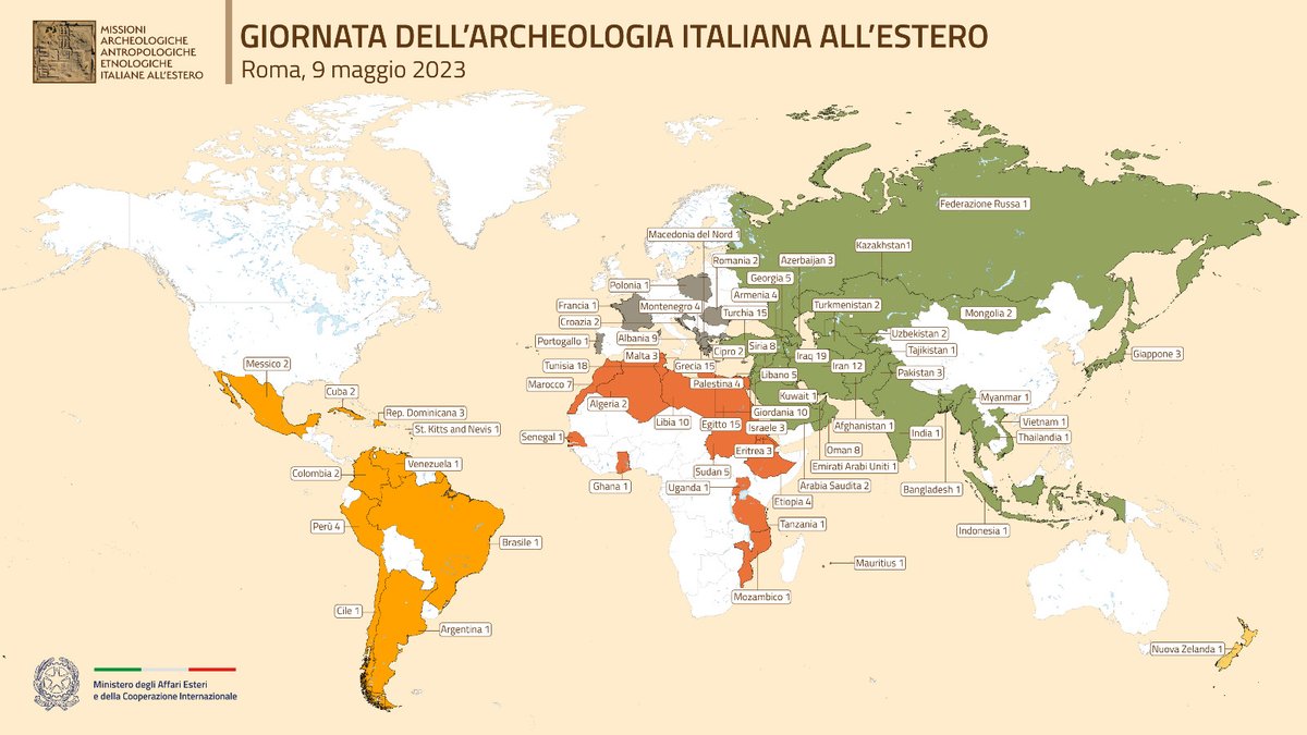 9 maggio: Giornata dell’Archeologia Italiana all’Estero. L’evento riunirà i direttori delle 246 missioni archeologiche, antropologiche &amp; etnologiche 🇮🇹 all’estero, che condivideranno esperienze e risultati delle attività di ricerca, scavo e restauro condotte nei 5 continenti.