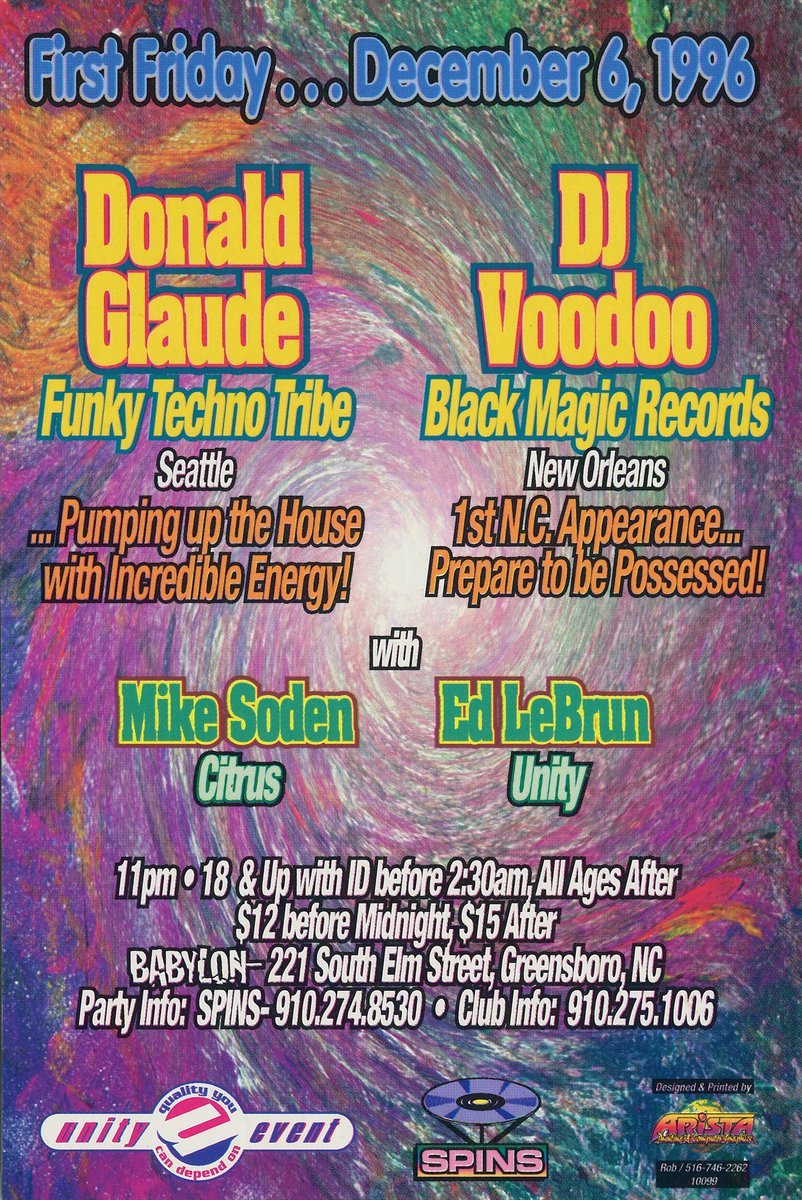 #greensboro #northcarolina #nc #firstfriday #rave #serave #edlebrun #spins #unity #clubflyer #flyer #raveflyer #1990s #nineteenninetysix #nightlife #nightlifeflyer #babylon #donaldglaude #djvoodoo #mikesoden #funkytechnotribe #blackmagicrecords #citrus