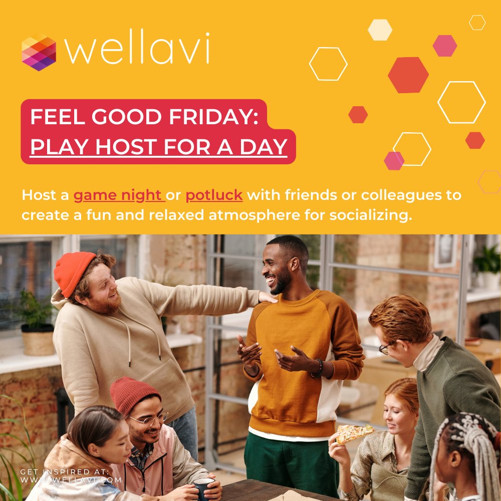 WellaviApp's tweet photo. Spending time having fun releases happy chemicals like dopamine, serotonin, endorphins and oxytocin, reducing anxiety and stress, while boosting mental health. Ever hosted a game night or potluck? It's your Feel Good Friday challenge!
#mentalhealth #mentalhealthawareness https://t.co/2NQPWrsf9s