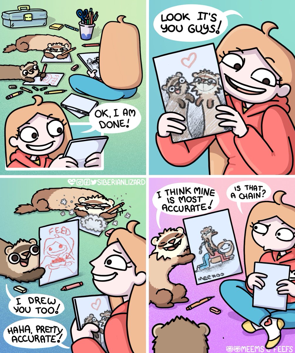 siberianlizard's tweet photo. Happy Cartoonist Day! Which drawing do you like the most? I think Meems captured the most accurate version.π
.
.
#comics #ferret #drawing #ferretsofinstagram #cartoonistday https://t.co/2gH8dZtzek